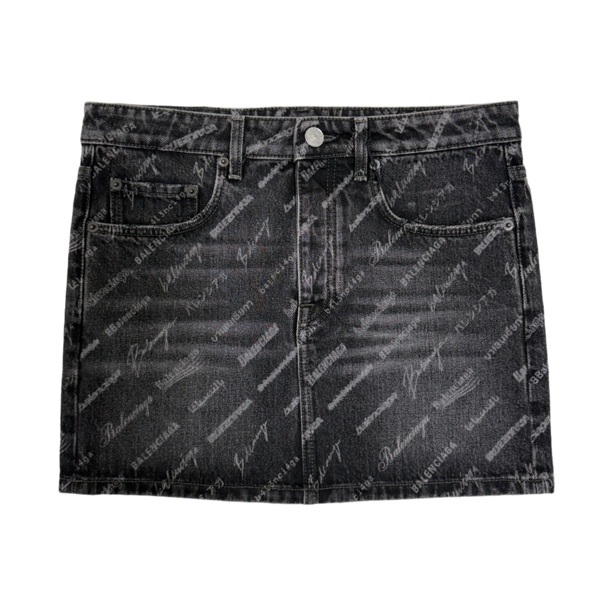 Balenciaga All Over Print Denim Skirt Black