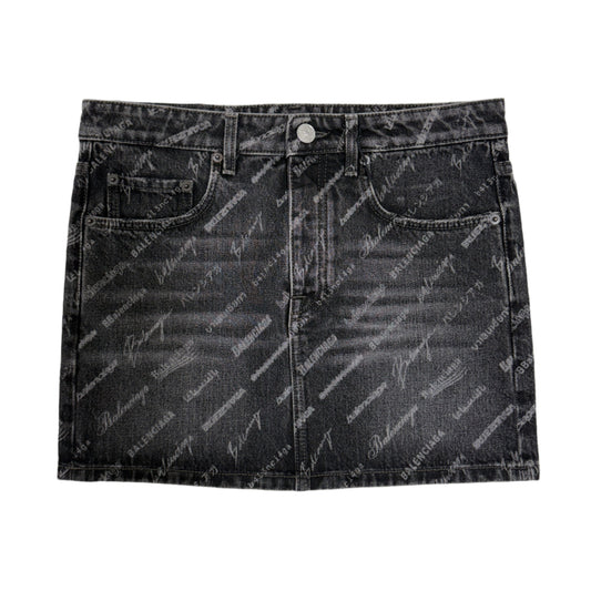 Balenciaga All Over Print Denim Skirt Black