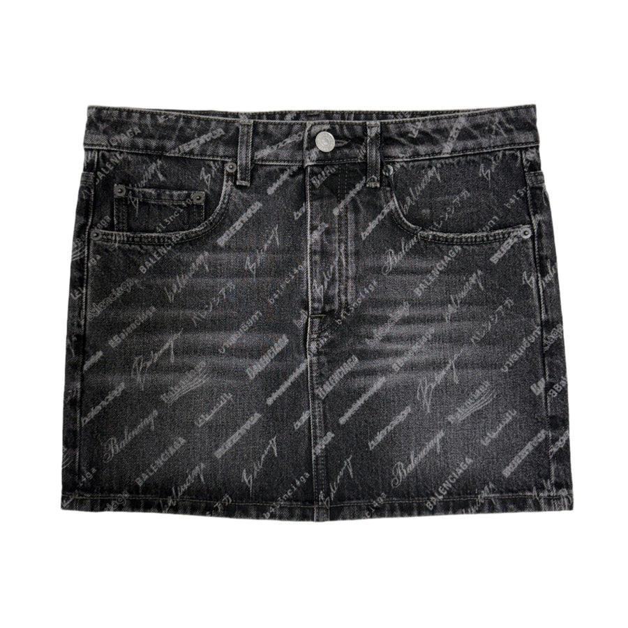 Balenciaga All Over Print Denim Skirt Black