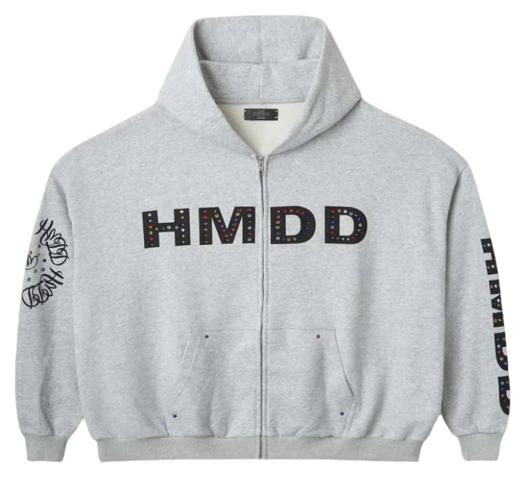 HMDD Rhinestone Zip-Up Hoodie Grey Pop-Up Exclusive