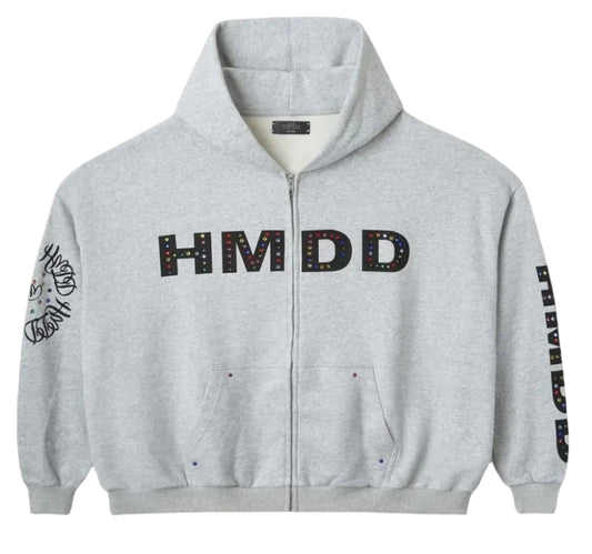 HMDD Rhinestone Zip-Up Hoodie Grey Pop-Up Exclusive