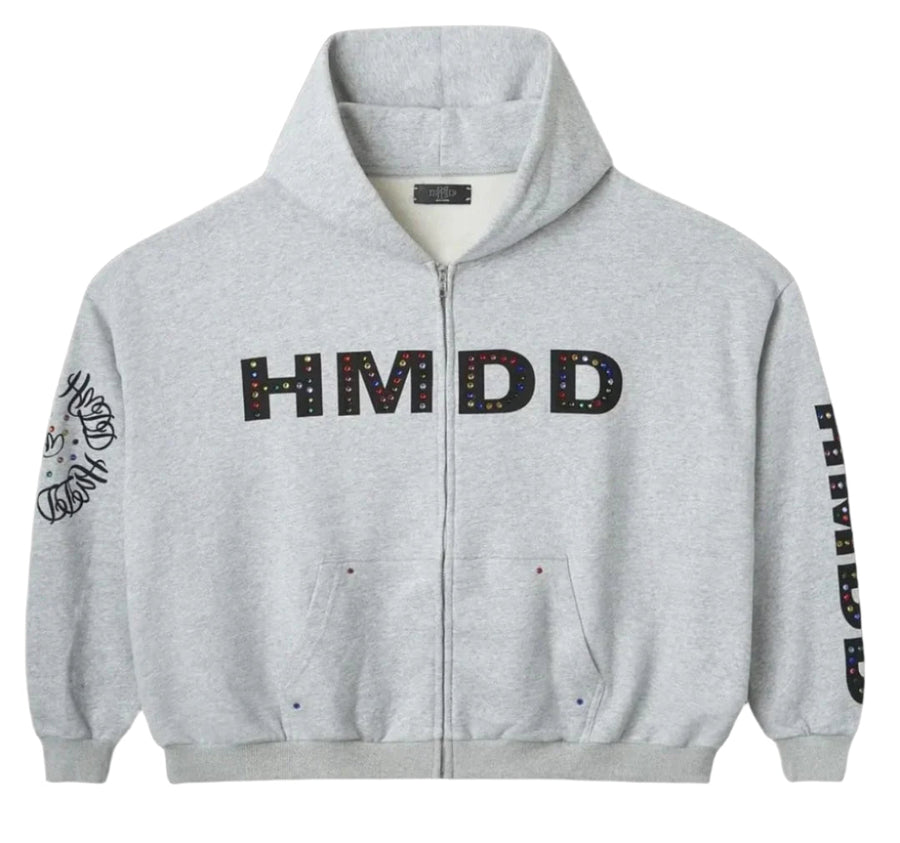 HMDD Rhinestone Zip-Up Hoodie Grey Pop-Up Exclusive